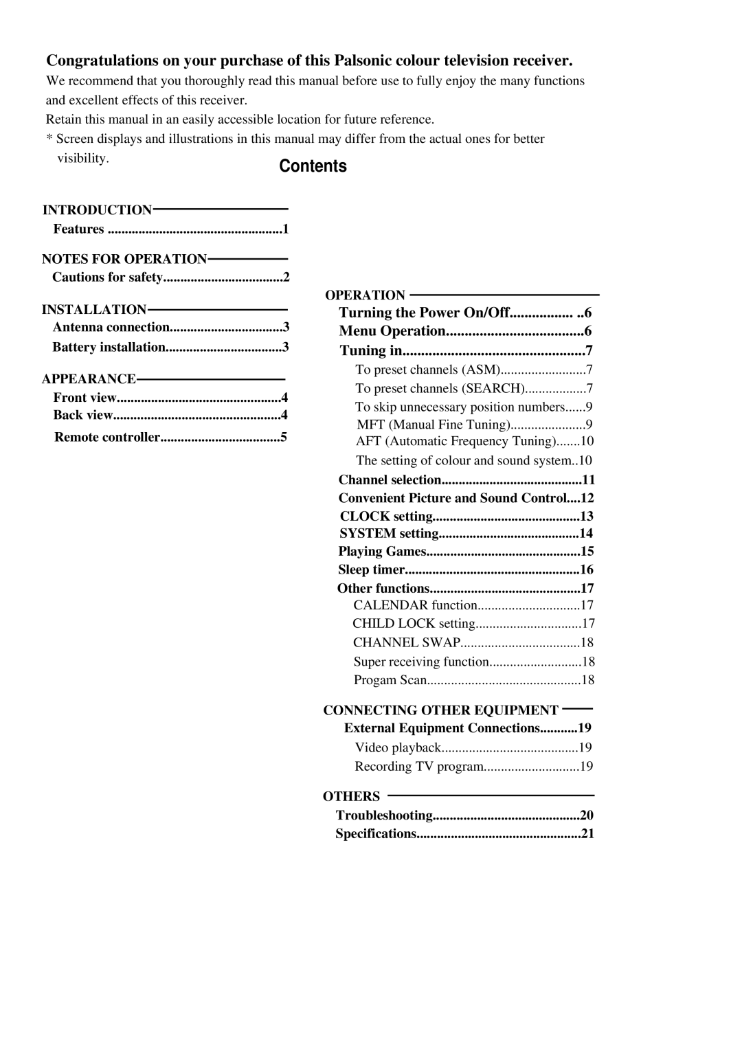 Palsonic 5159G owner manual Turning the Power On/Off, Setting of colour and sound system..10 