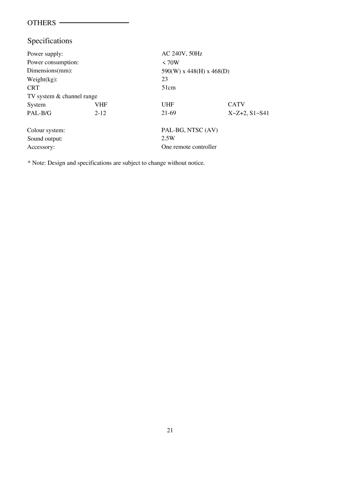 Palsonic 5159G owner manual Specifications 