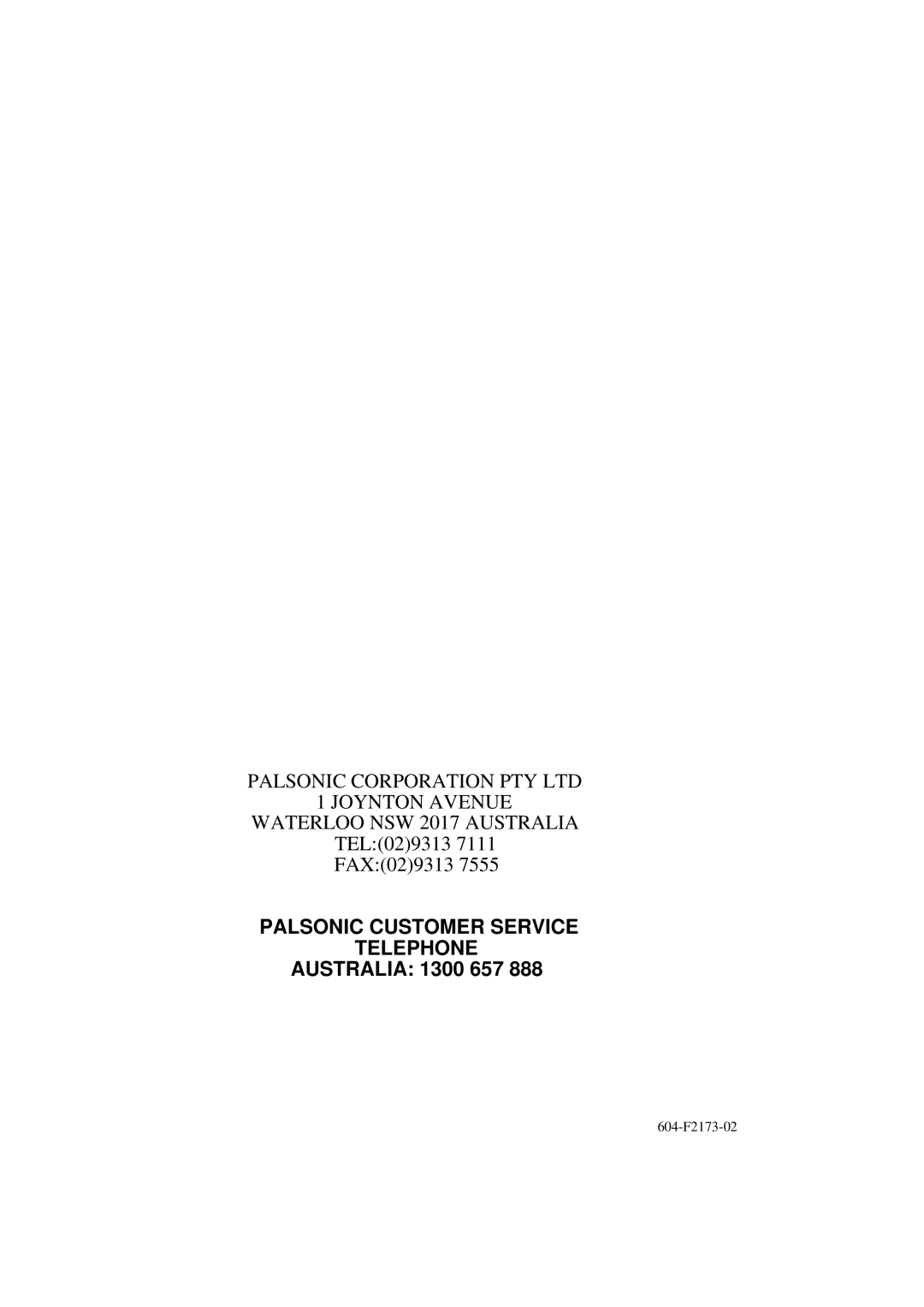 Palsonic 5159G owner manual Australia 1300 657 