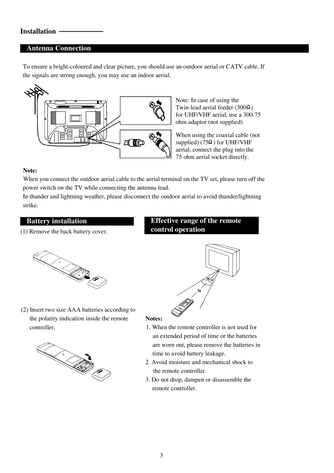 Palsonic 5159G owner manual Antenna Connection, Battery installation, Effective range of the remote control operation 