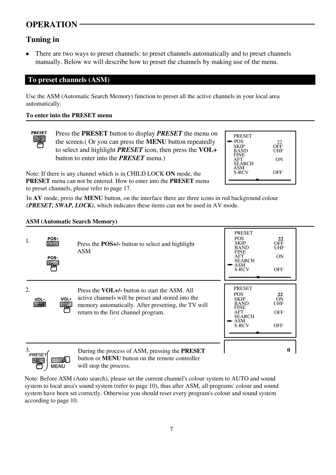 Palsonic 5159G owner manual Tuning, To preset channels ASM, To enter into the Preset menu, ASM Automatic Search Memory 