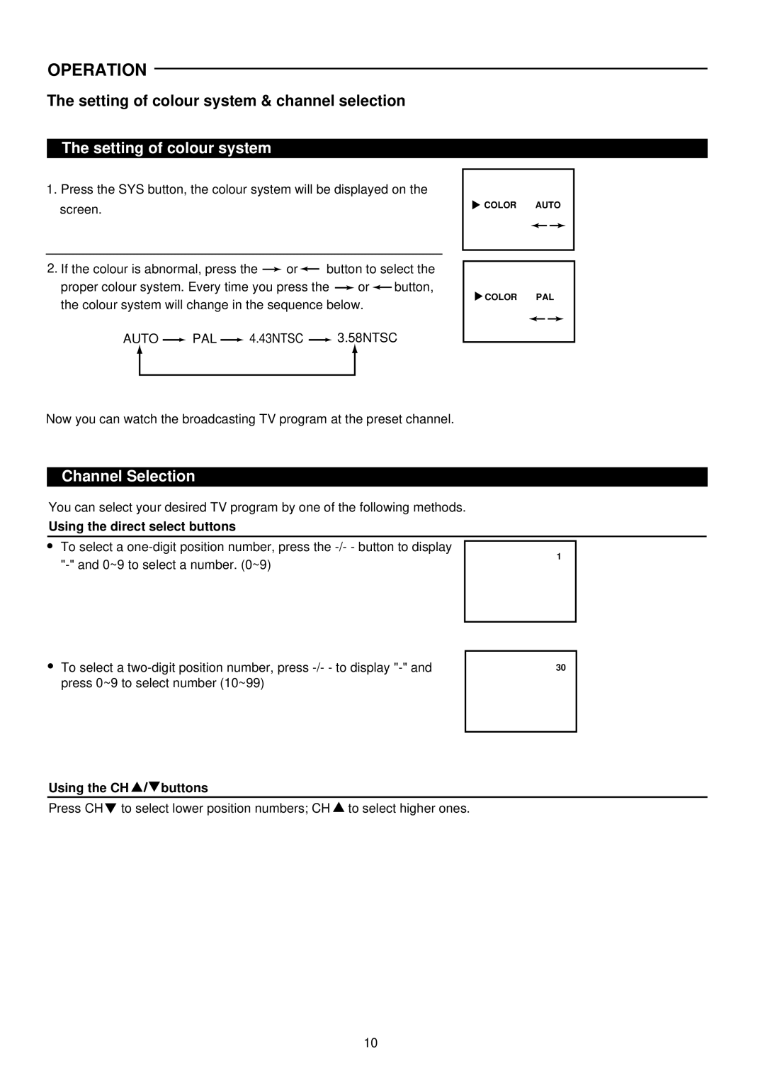 Palsonic 5159P Setting of colour system, Channel Selection, Using the direct select buttons, Using the CH buttons 