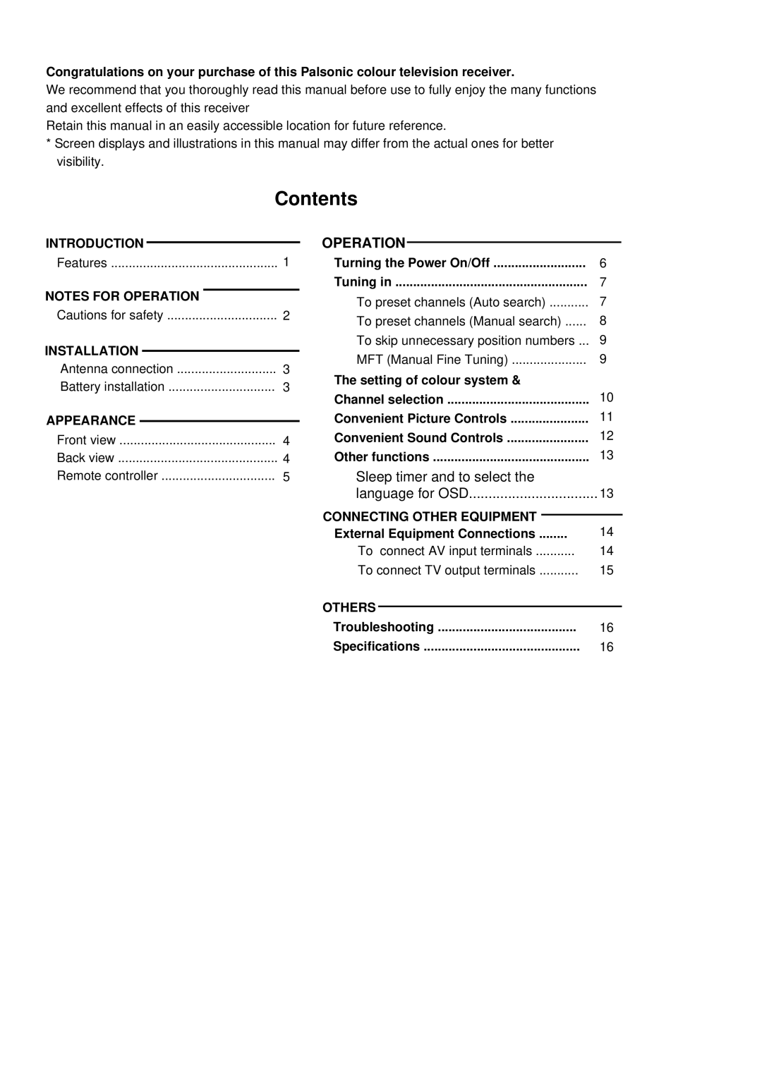 Palsonic 5159P owner manual Contents 