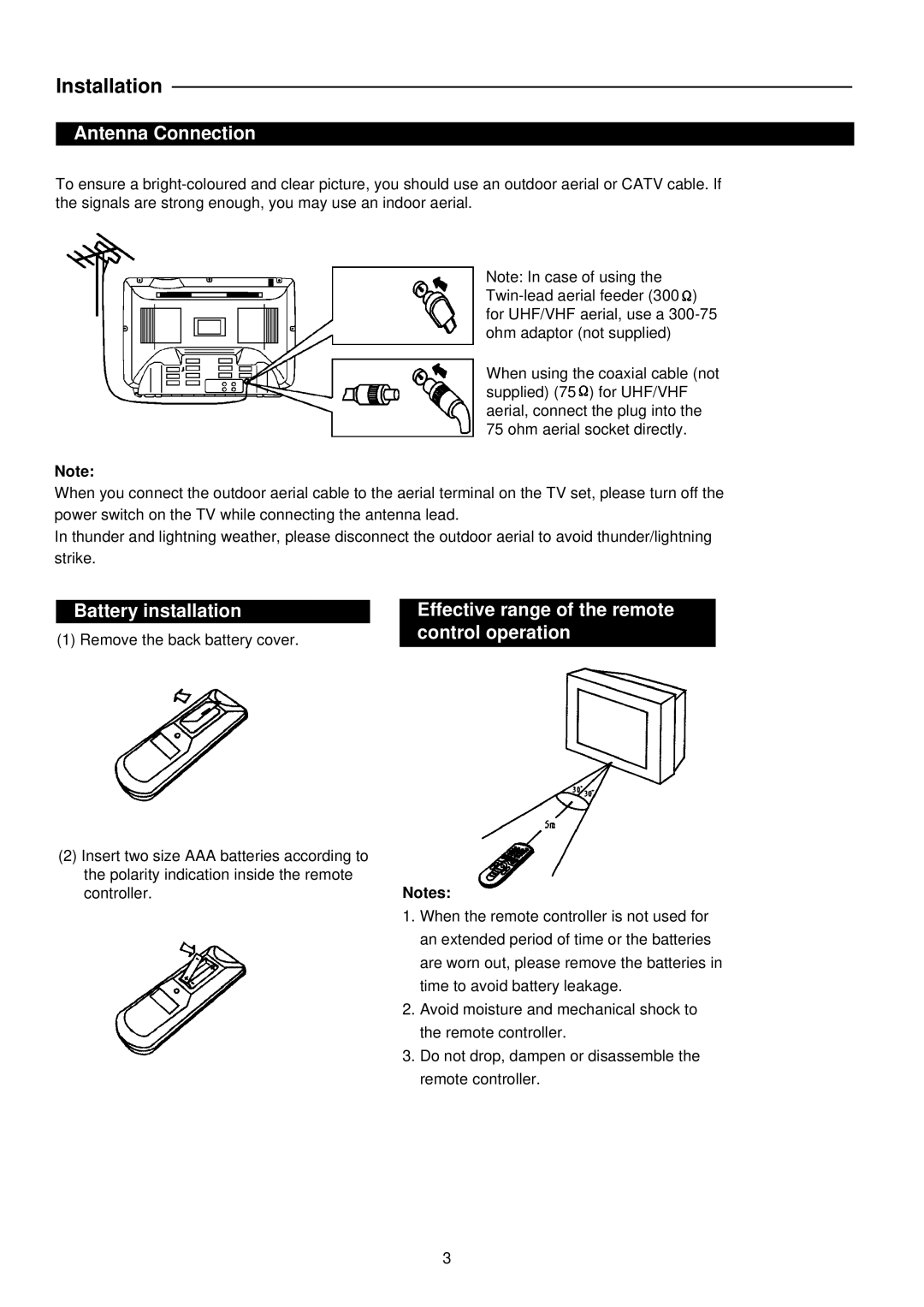 Palsonic 5159P owner manual Antenna Connection, Battery installation, Effective range of the remote control operation 