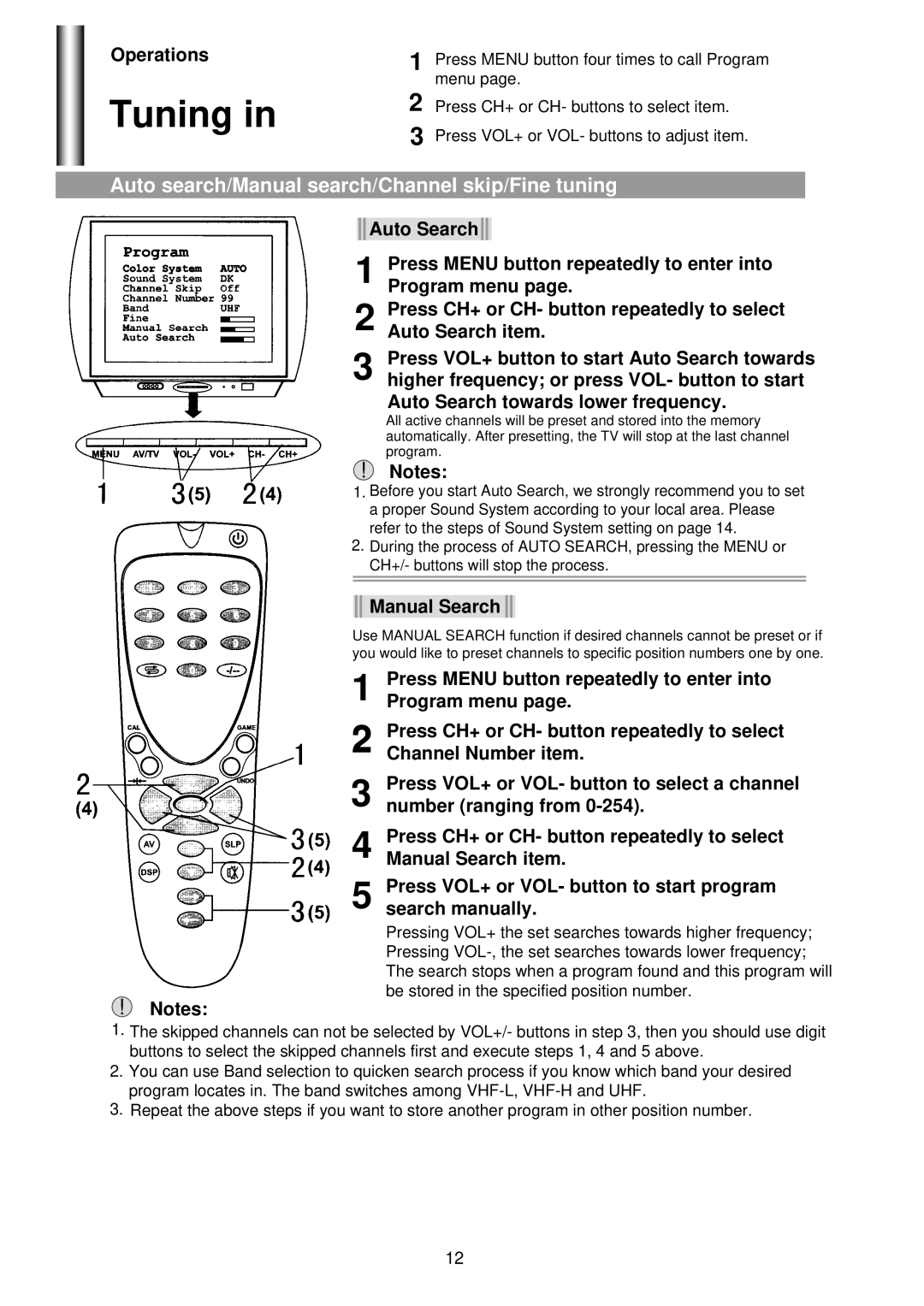 Palsonic 5160G owner manual Tuning, Auto search/Manual search/Channel skip/Fine tuning, Manual Search 