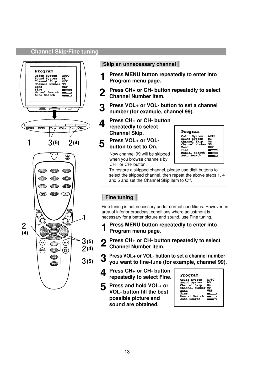 Palsonic 5160G owner manual Channel Skip/Fine tuning 