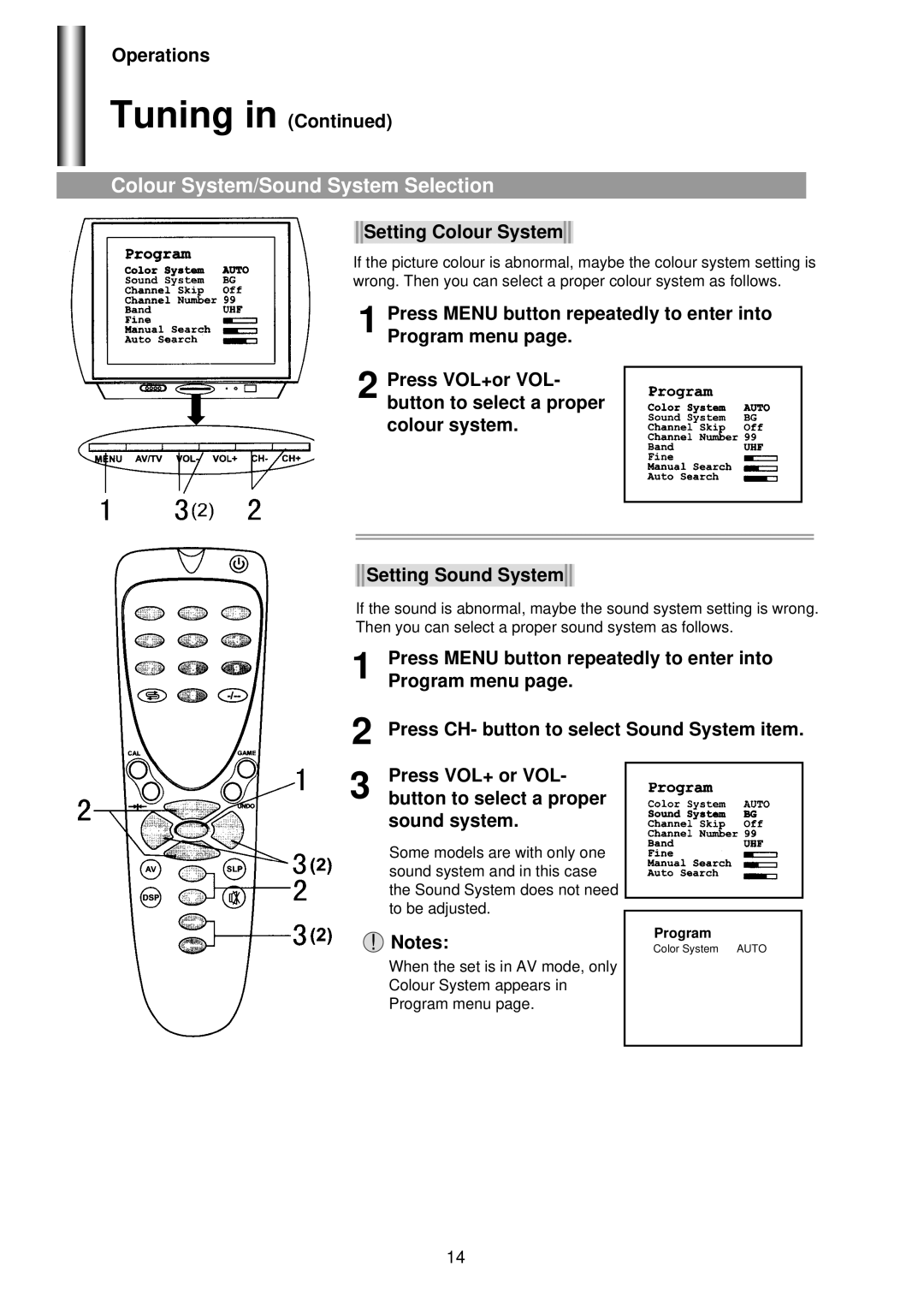 Palsonic 5160G owner manual Colour System/Sound System Selection, Operations Tuning, Setting Colour System 