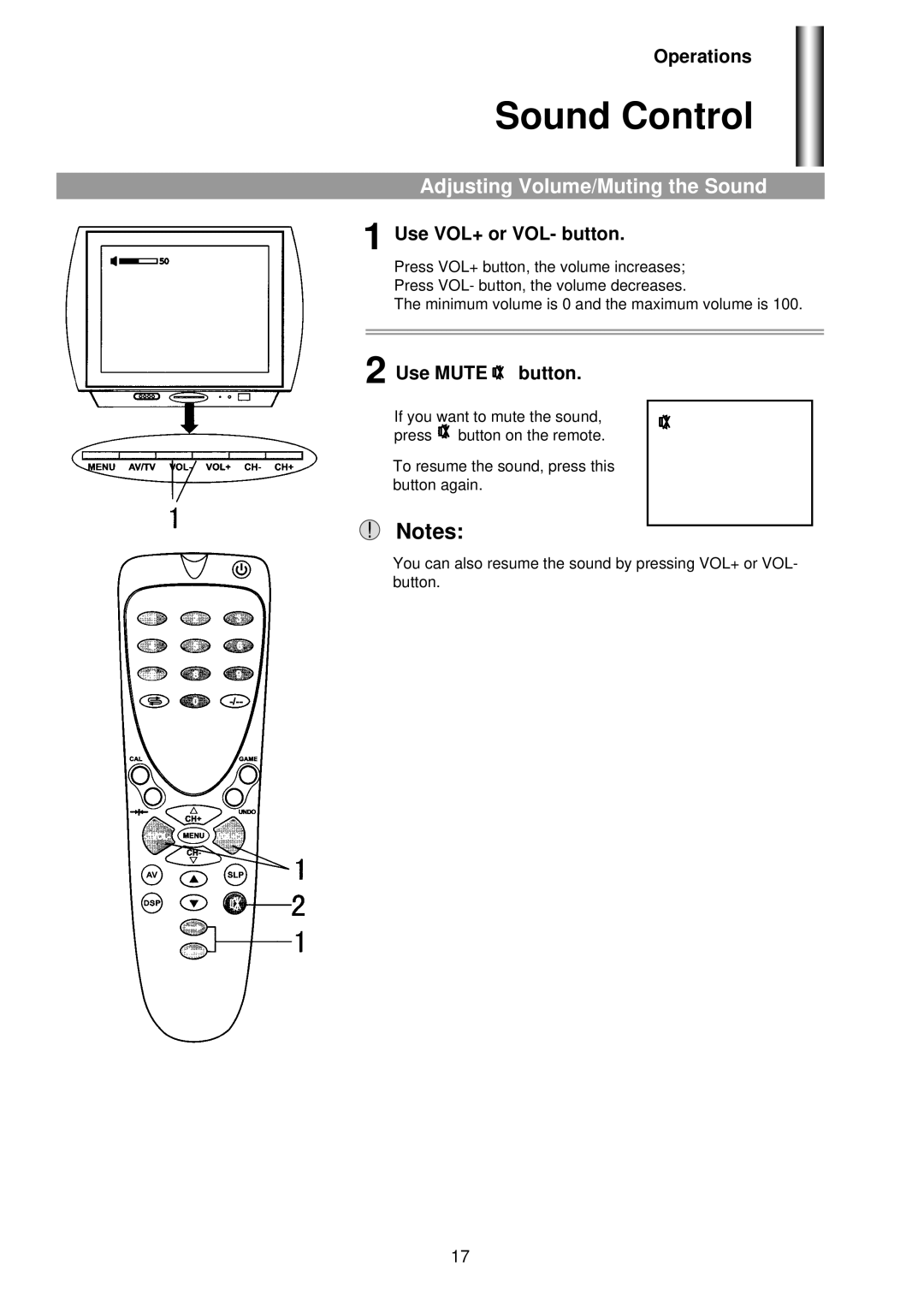 Palsonic 5160G owner manual Sound Control, Adjusting Volume/Muting the Sound, Use VOL+ or VOL- button, Use Mute button 