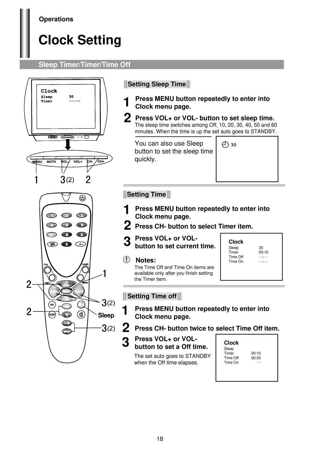 Palsonic 5160G owner manual Clock Setting, Sleep Timer/Timer/Time Off, Button to set current time, Button to set a Off time 