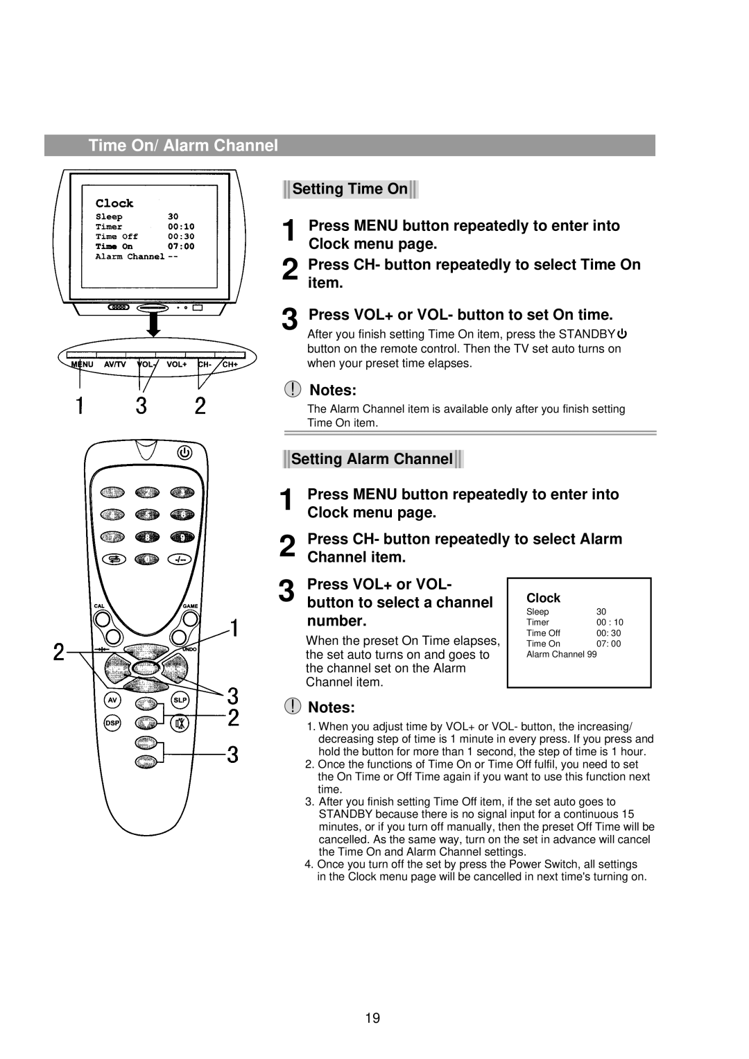 Palsonic 5160G owner manual Time On/ Alarm Channel 