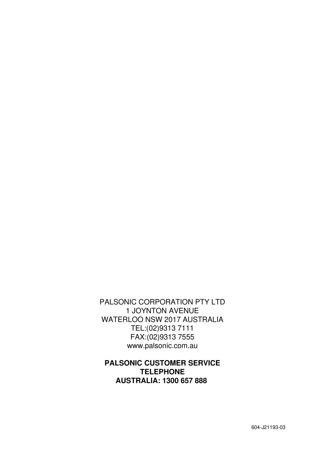 Palsonic 5160G owner manual Australia 1300 657 