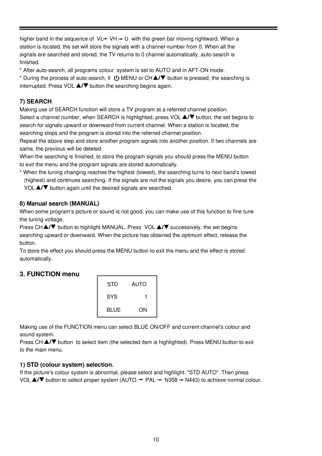 Palsonic 5169M owner manual Search, Manual search Manual, STD colour system selection 