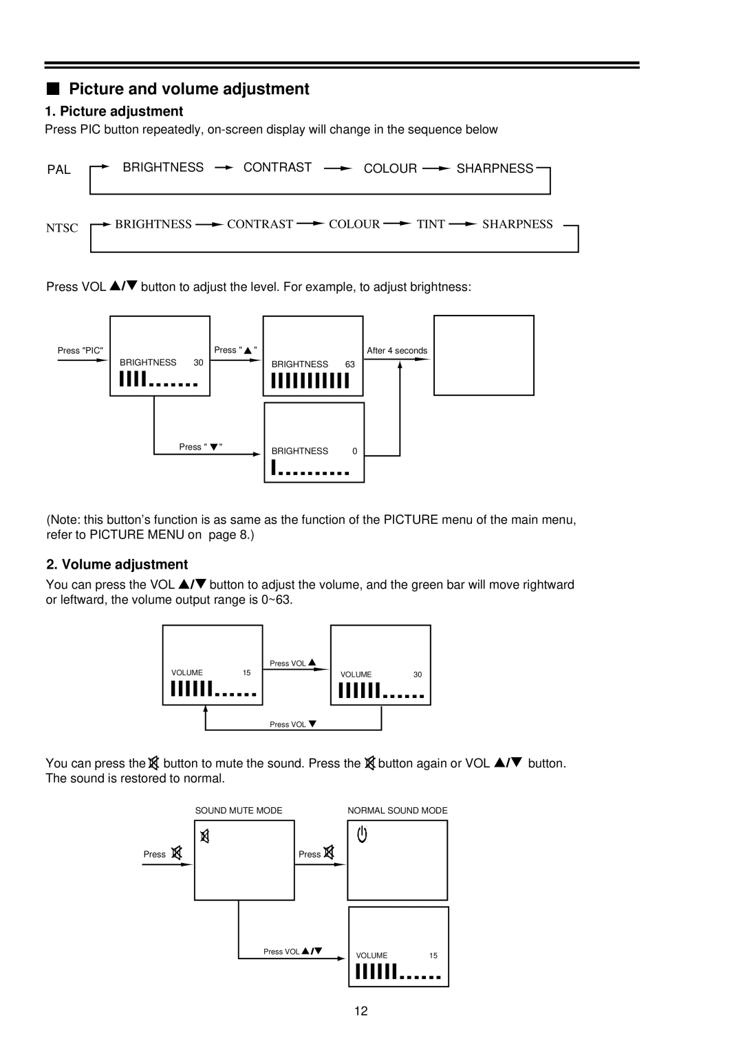 Palsonic 5169M owner manual Picture and volume adjustment, Picture adjustment, Volume adjustment 