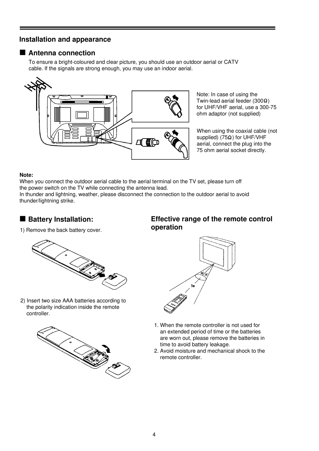 Palsonic 5169M owner manual Installation and appearance Antenna connection, Battery Installation 