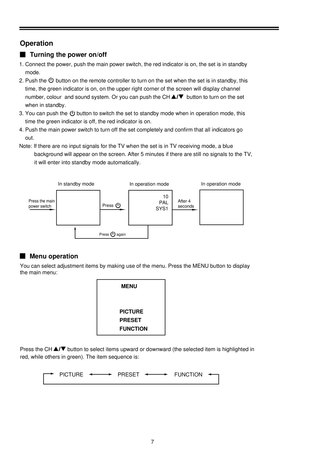 Palsonic 5169M owner manual Operation, Turning the power on/off 