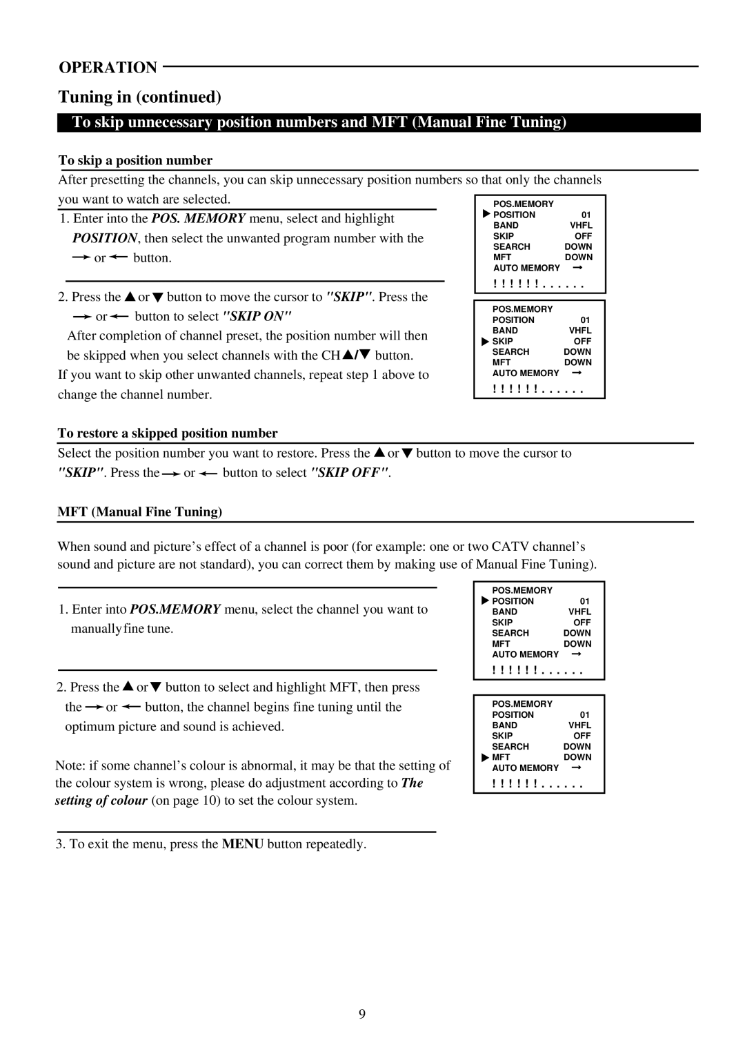 Palsonic 5169P owner manual To skip a position number, To restore a skipped position number, MFT Manual Fine Tuning 