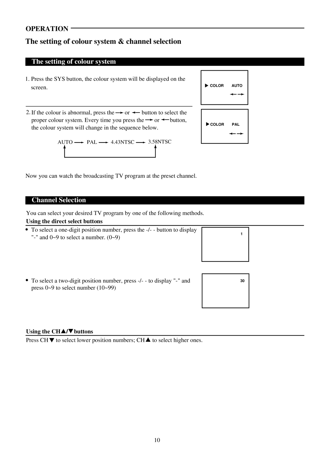 Palsonic 5169P Setting of colour system & channel selection, Channel Selection, Using the direct select buttons 