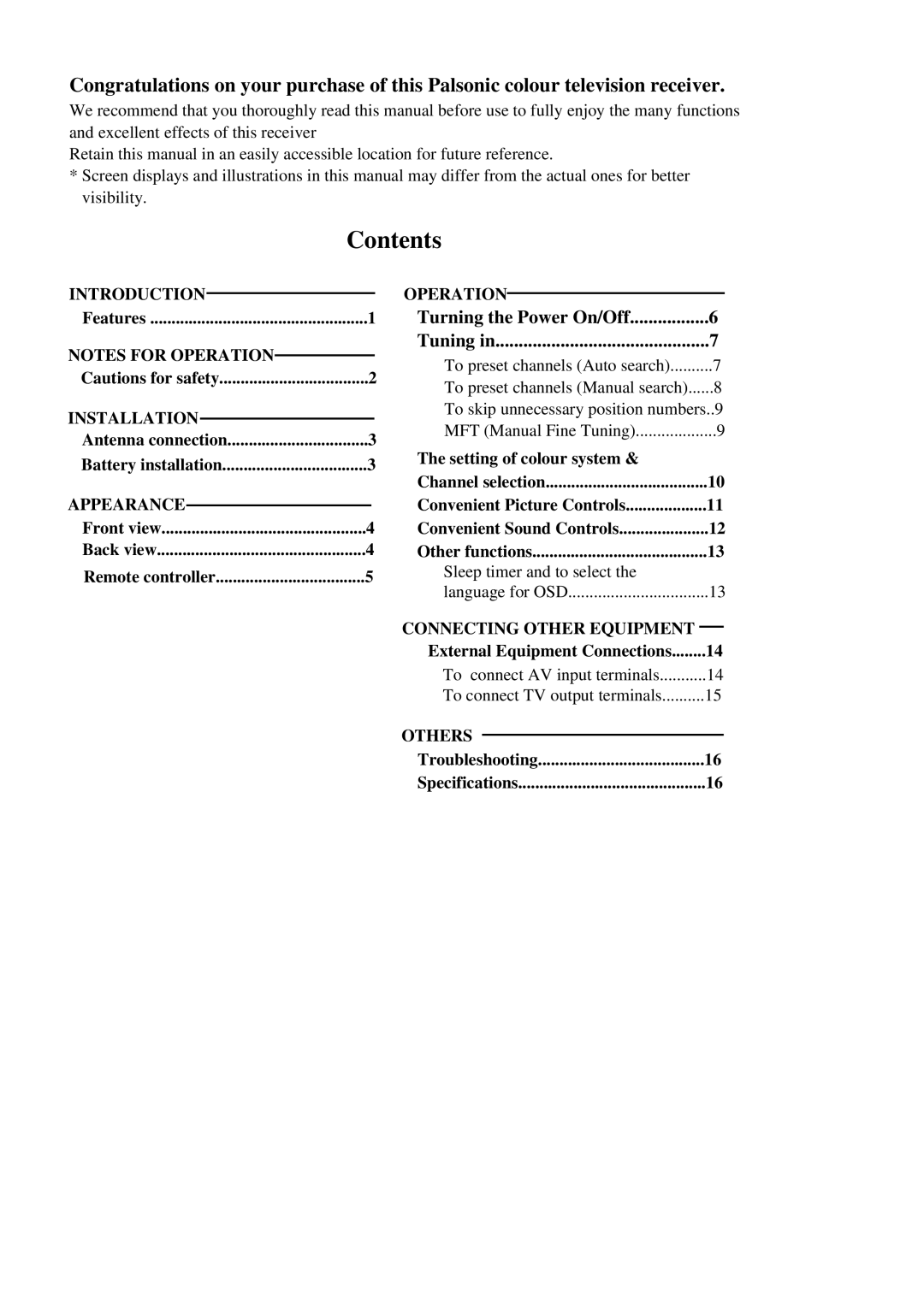 Palsonic 5169P owner manual Contents 