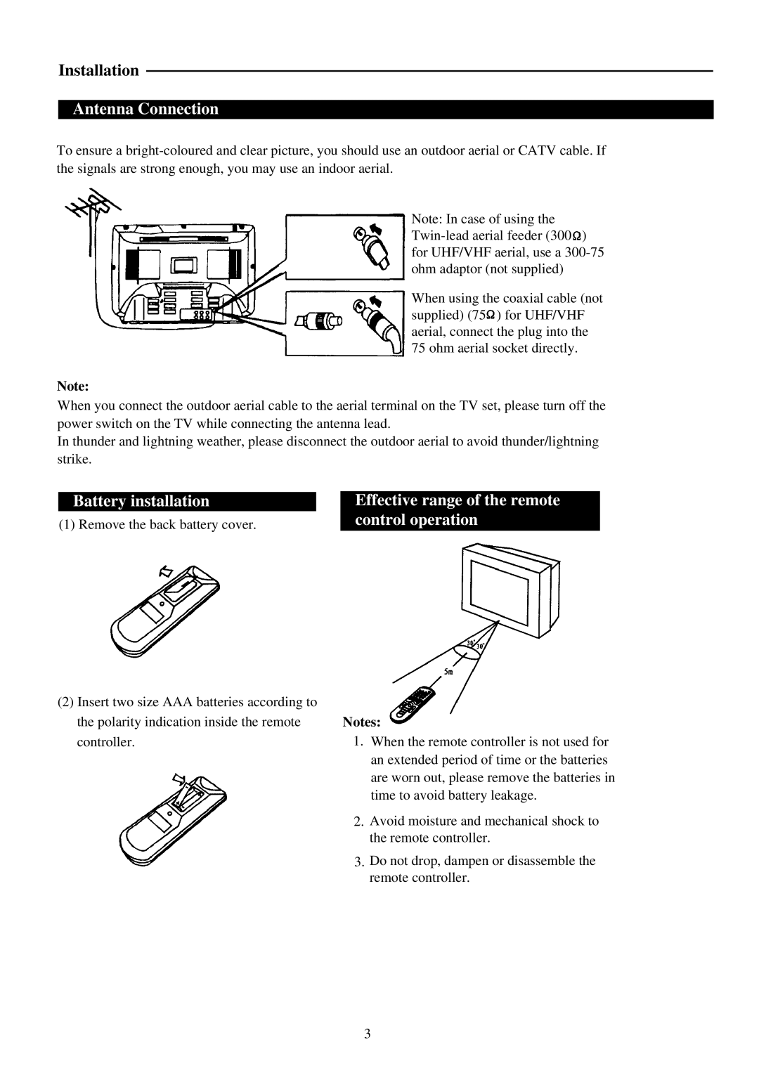 Palsonic 5169P owner manual Antenna Connection, Battery installation, Effective range of the remote control operation 