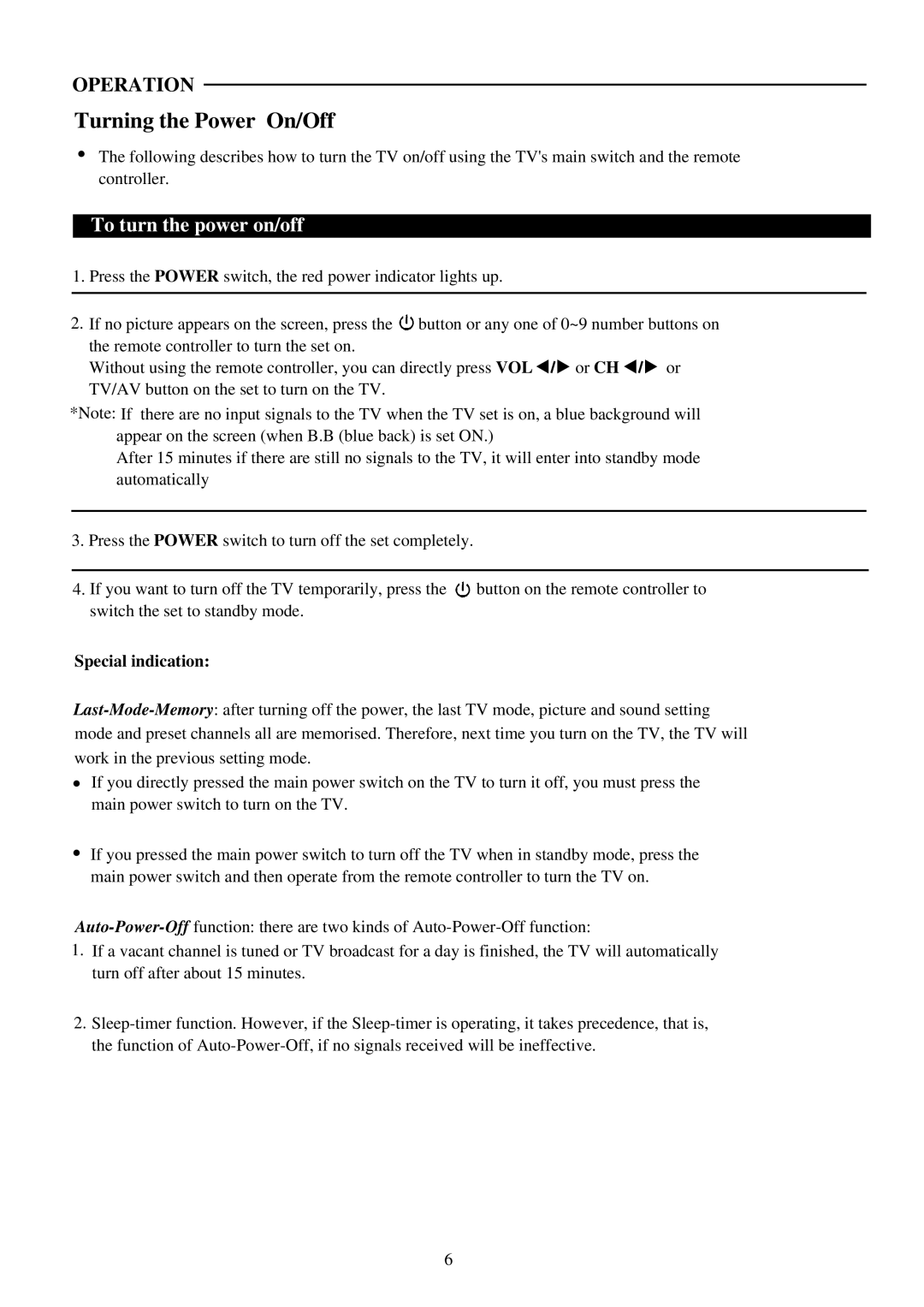 Palsonic 5169P owner manual Turning the Power On/Off, To turn the power on/off, Special indication 