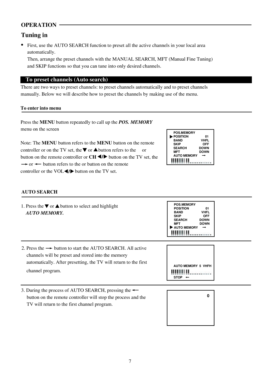 Palsonic 5169P owner manual Tuning, To preset channels Auto search 