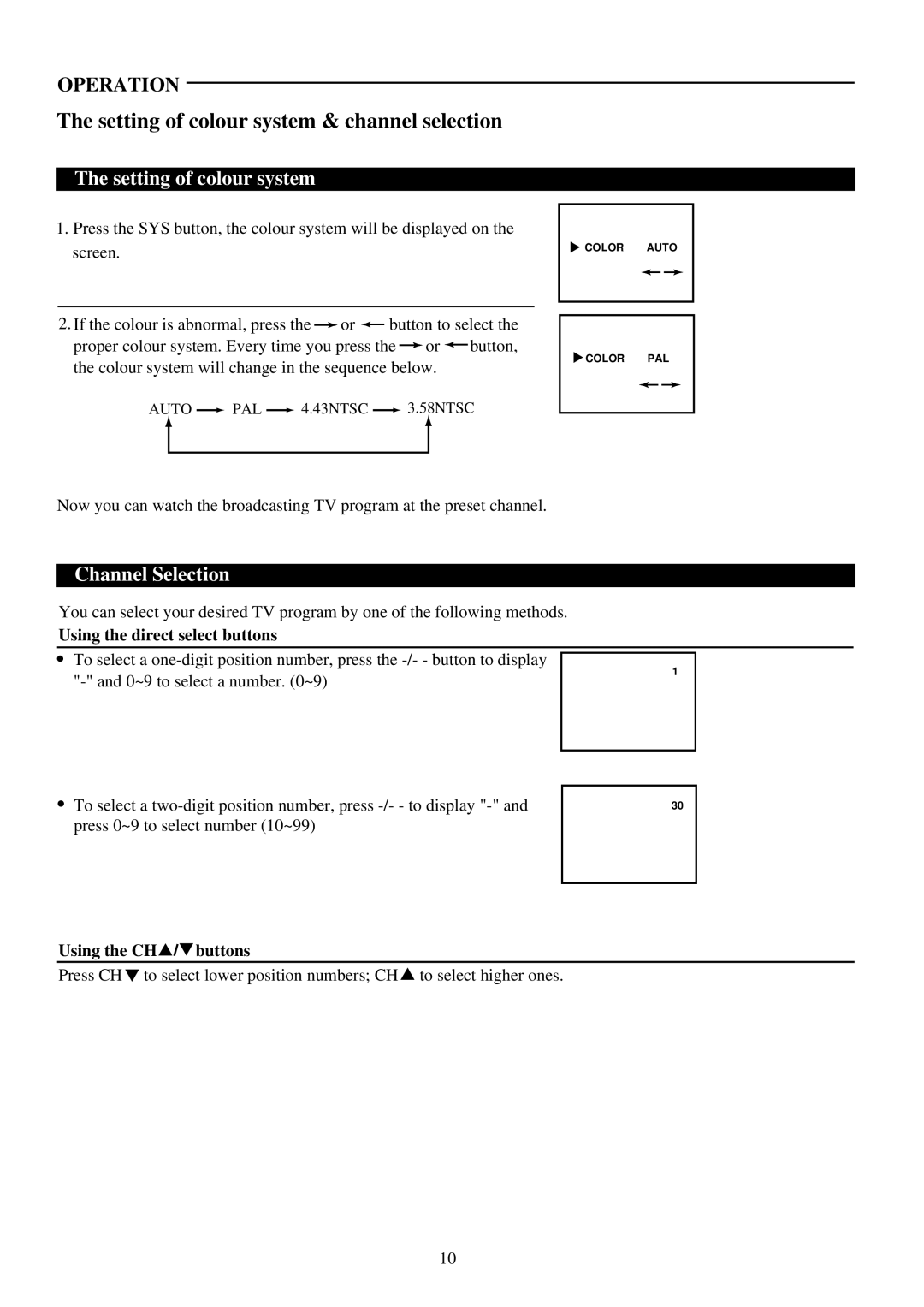 Palsonic 5179 owner manual Setting of colour system & channel selection, Channel Selection, Using the direct select buttons 