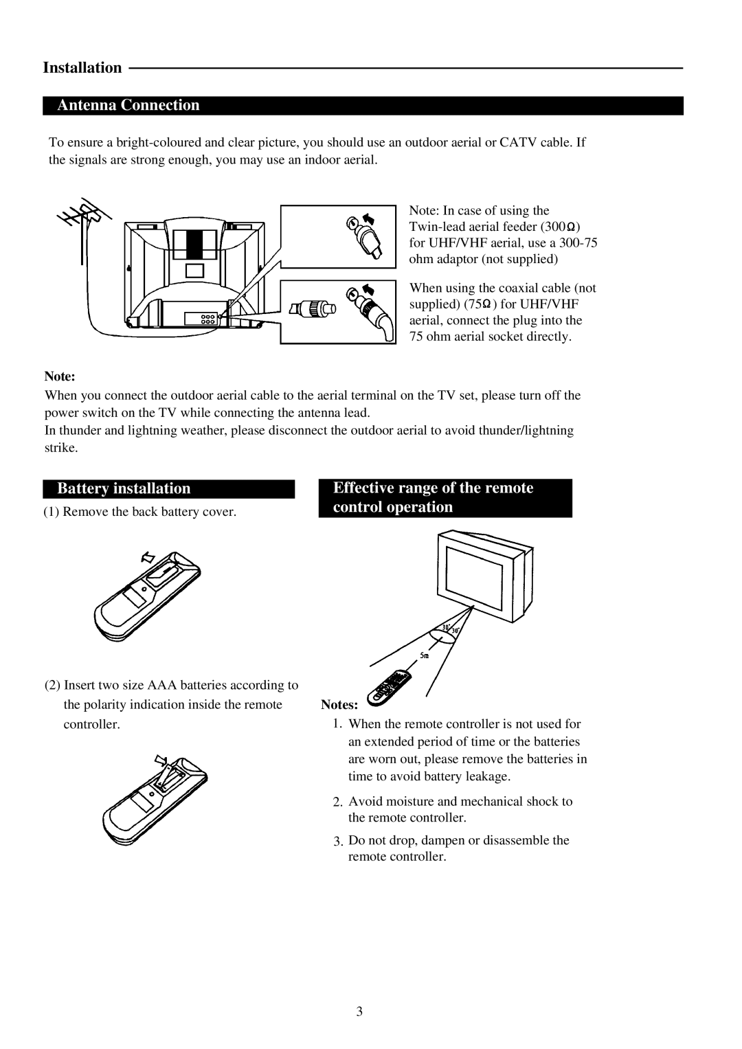 Palsonic 5179 owner manual Antenna Connection, Battery installation, Effective range of the remote control operation 