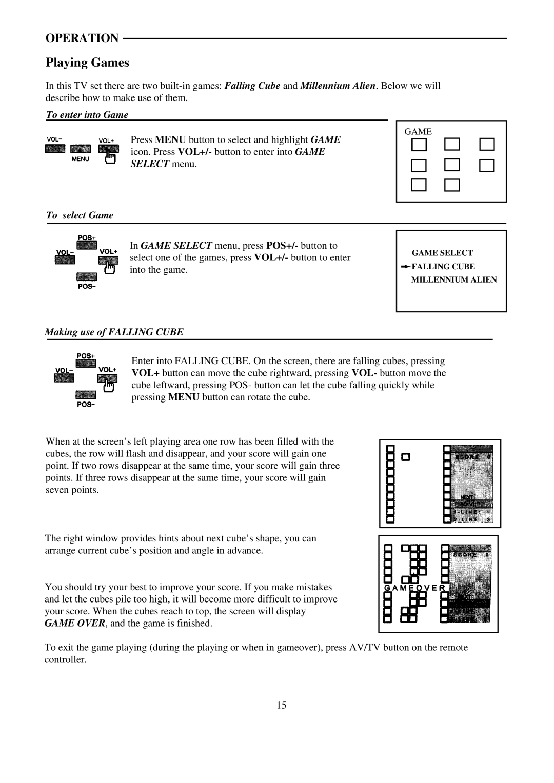 Palsonic 5179G owner manual Playing Games, To enter into Game, To select Game, Making use of Falling Cube 