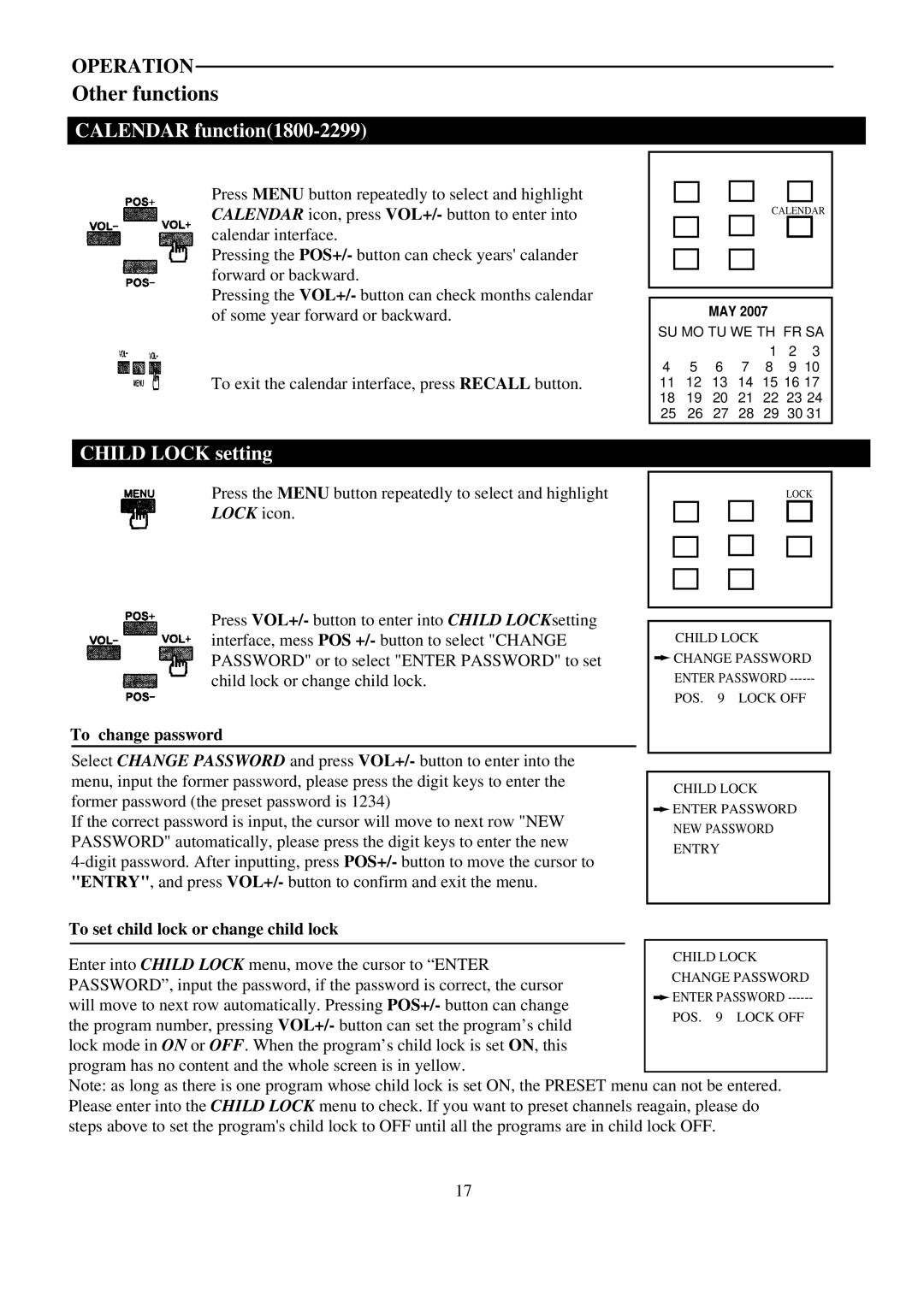 Palsonic 5179G owner manual Other functions, Calendar function1800-2299, Child Lock setting, Lock icon 