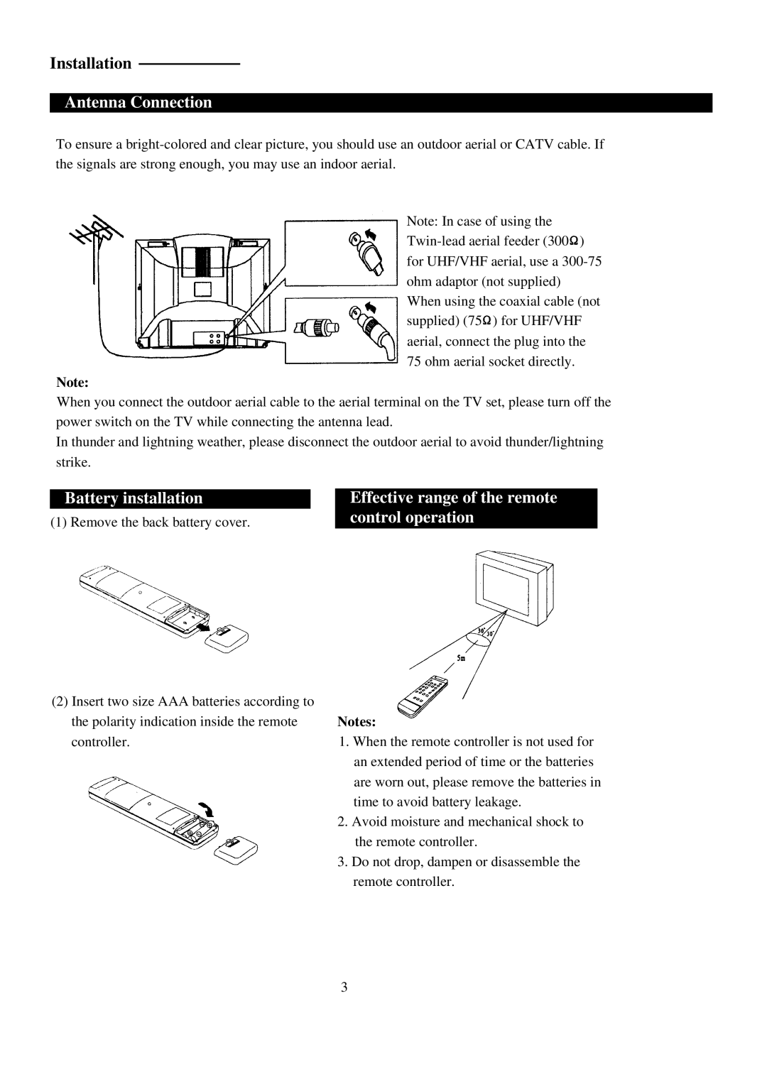 Palsonic 5179G owner manual Antenna Connection, Battery installation, Effective range of the remote control operation 