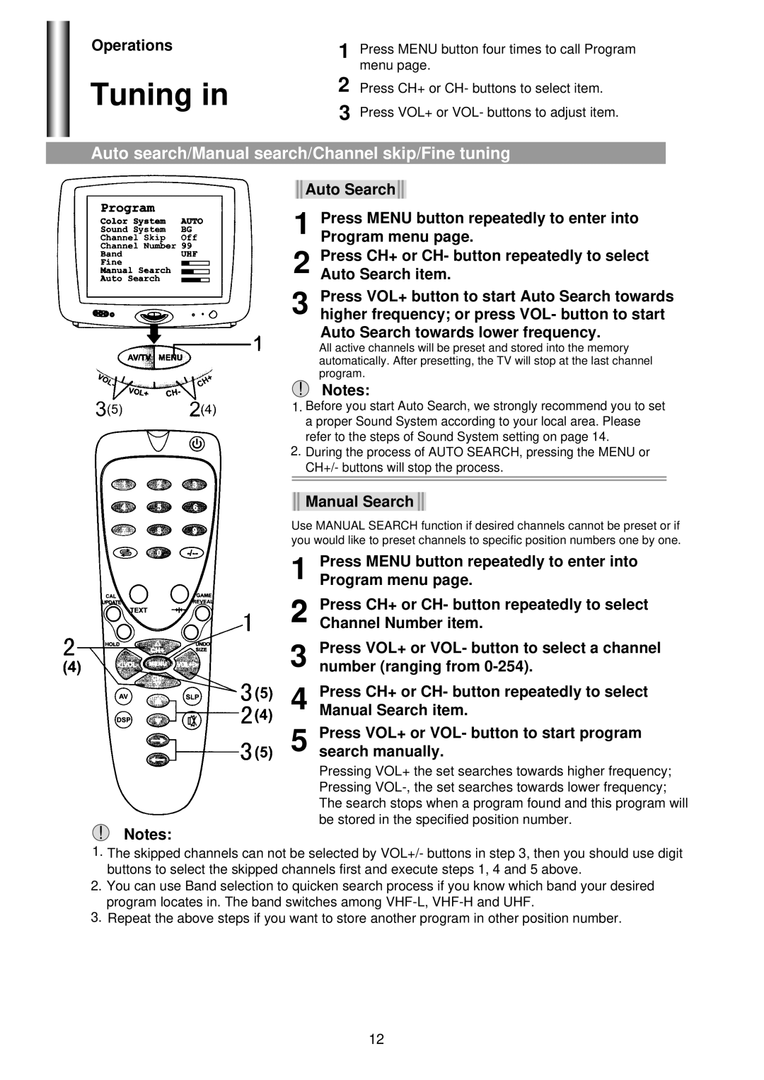 Palsonic 5180G owner manual Tuning, Auto search/Manual search/Channel skip/Fine tuning, Manual Search 