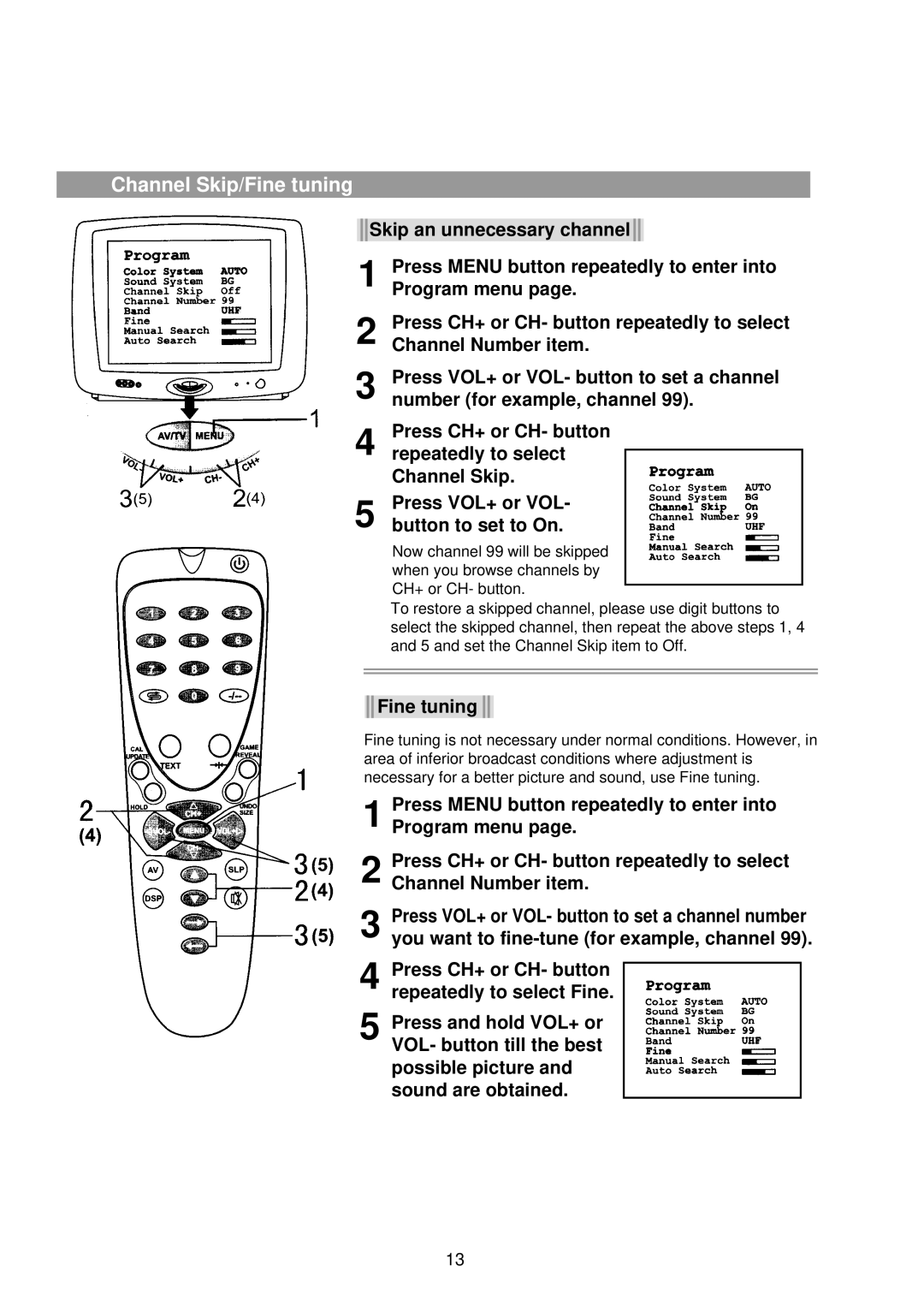 Palsonic 5180G owner manual Channel Skip/Fine tuning 