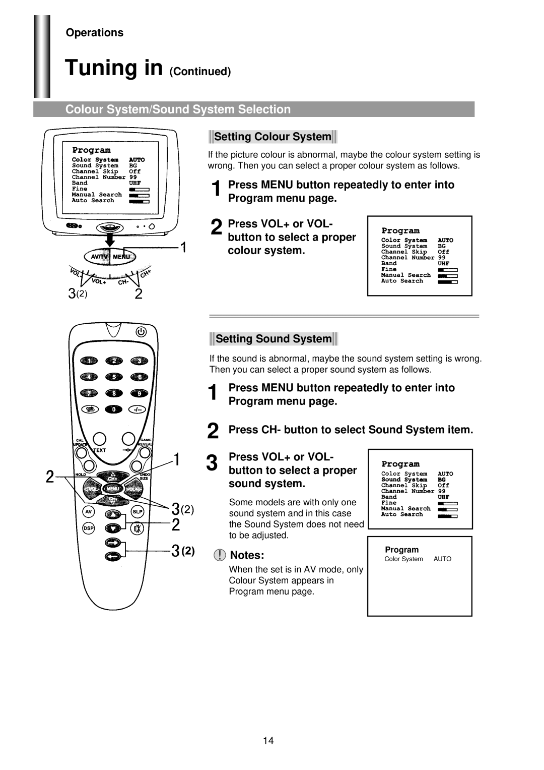 Palsonic 5180G owner manual Colour System/Sound System Selection, Operations Tuning, Setting Colour System 