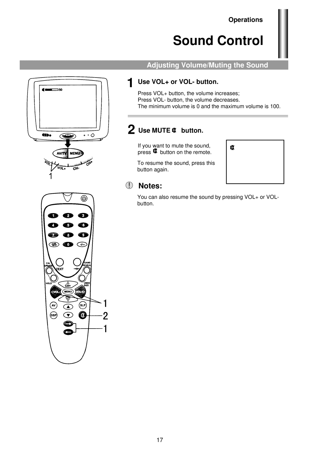 Palsonic 5180G owner manual Sound Control, Adjusting Volume/Muting the Sound, Use VOL+ or VOL- button, Use Mute button 