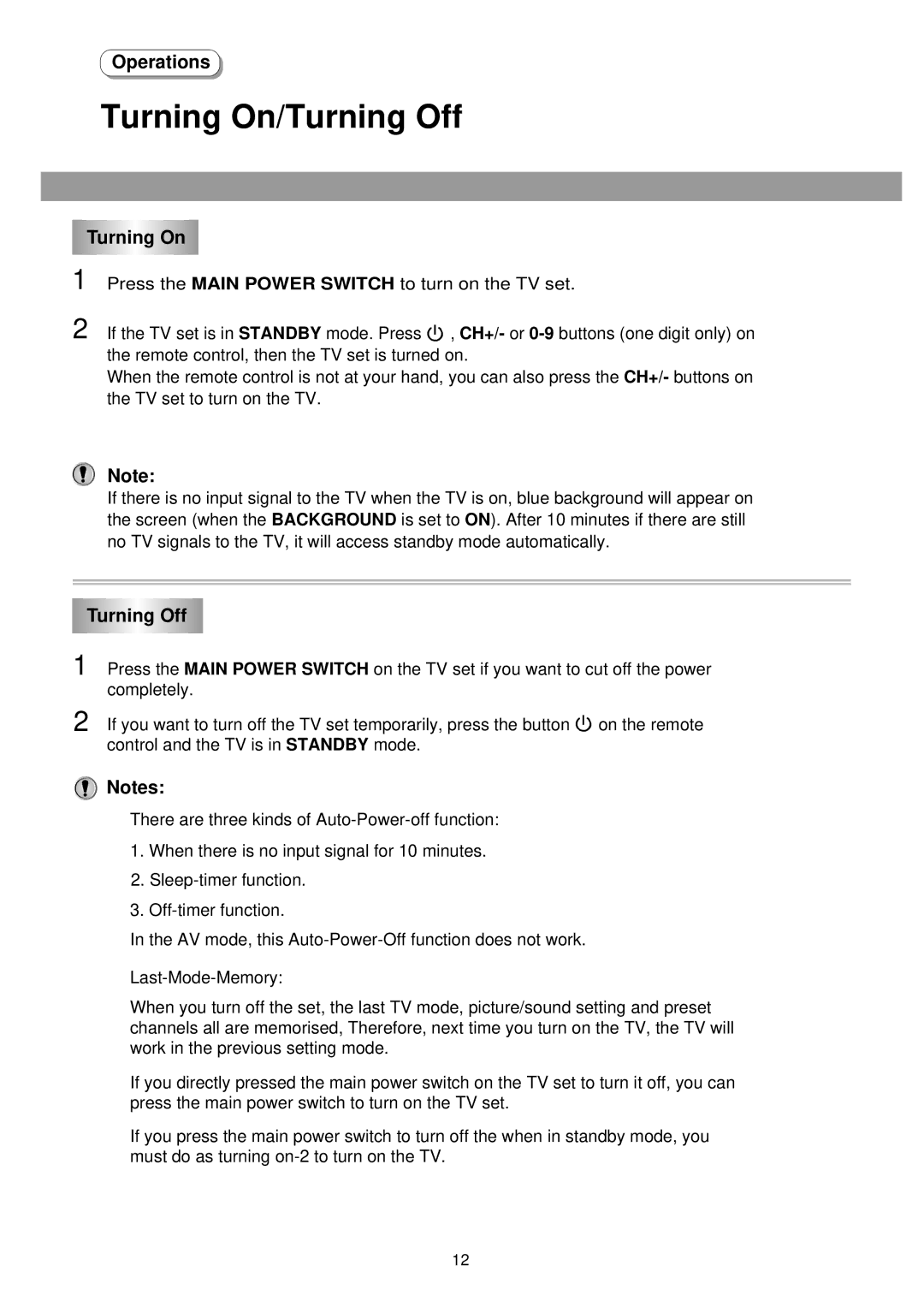 Palsonic 6125TS owner manual Turning On/Turning Off 