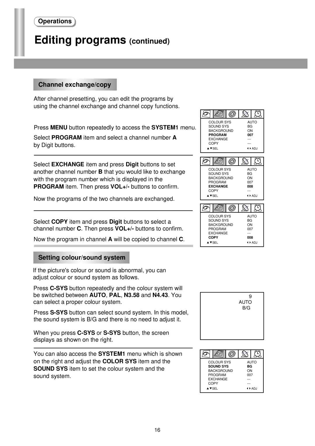 Palsonic 6125TS owner manual Channel exchange/copy, Setting colour/sound system 