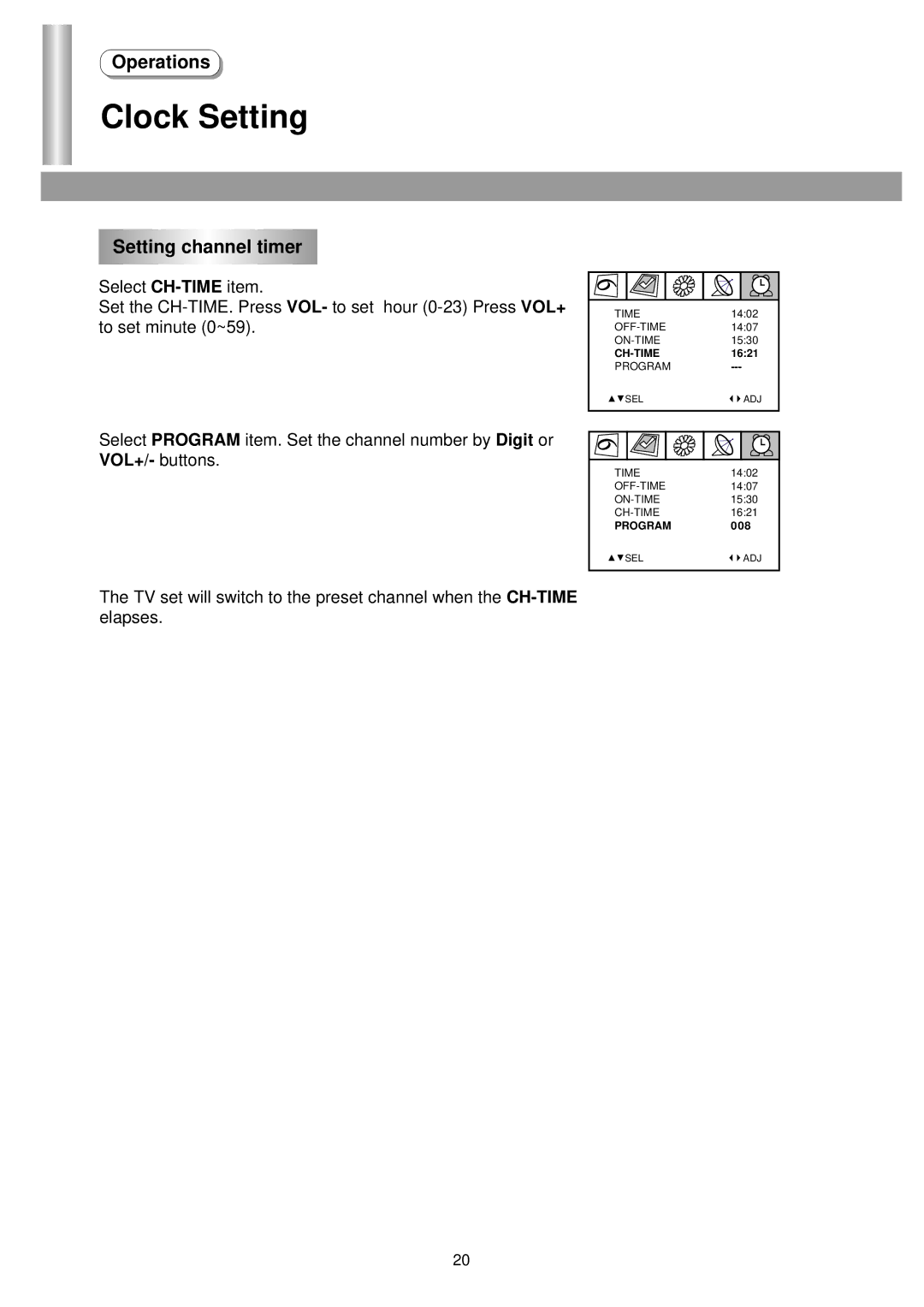 Palsonic 6125TS owner manual Setting channel timer 