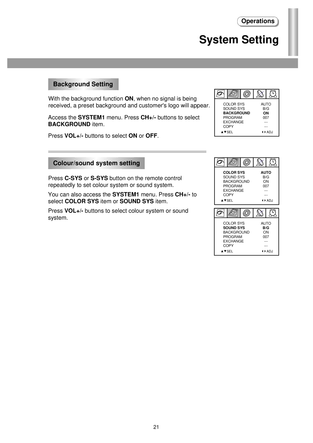 Palsonic 6125TS owner manual System Setting, Background Setting, Colour/sound system setting 