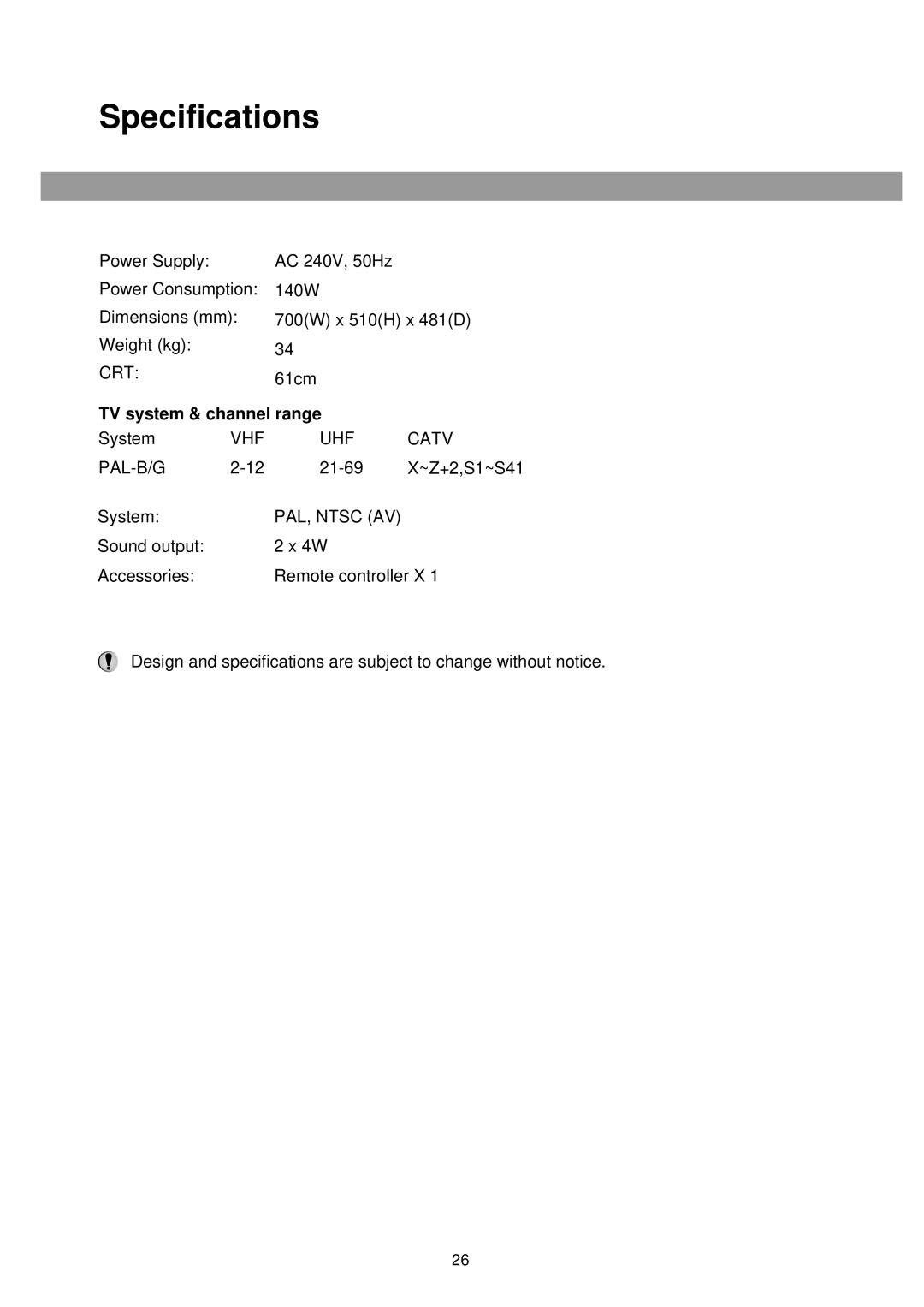 Palsonic 6125TS owner manual Specifications, TV system & channel range 