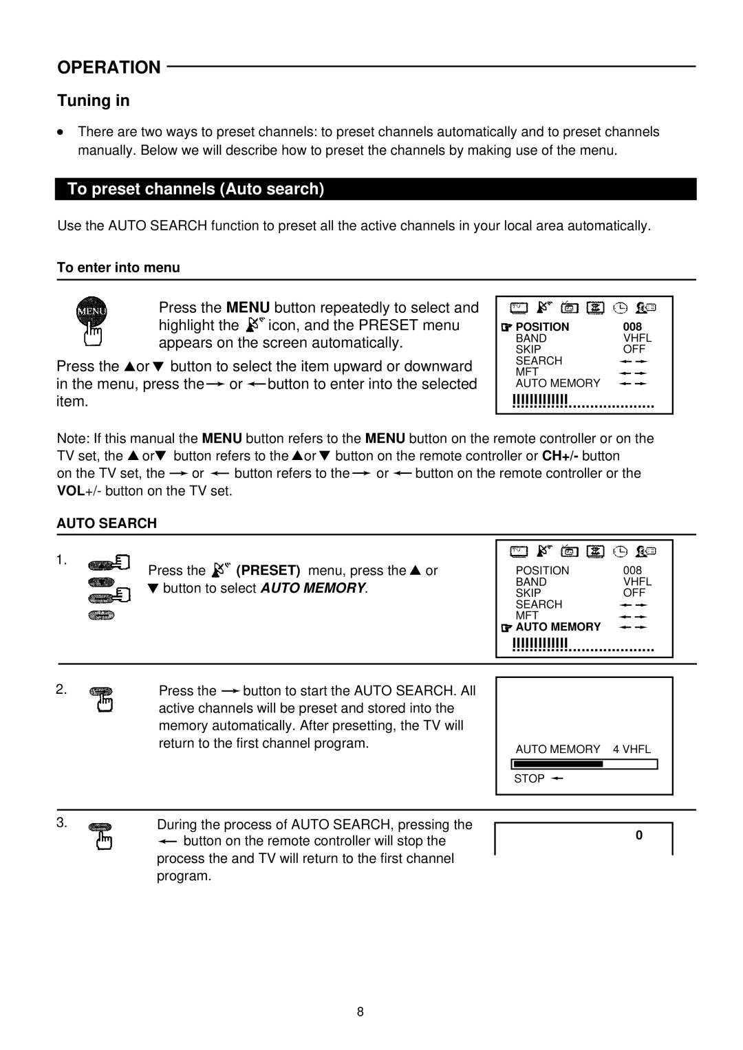 Palsonic 6140G owner manual Tuning, To preset channels Auto search, To enter into menu, Lllllllllllll 