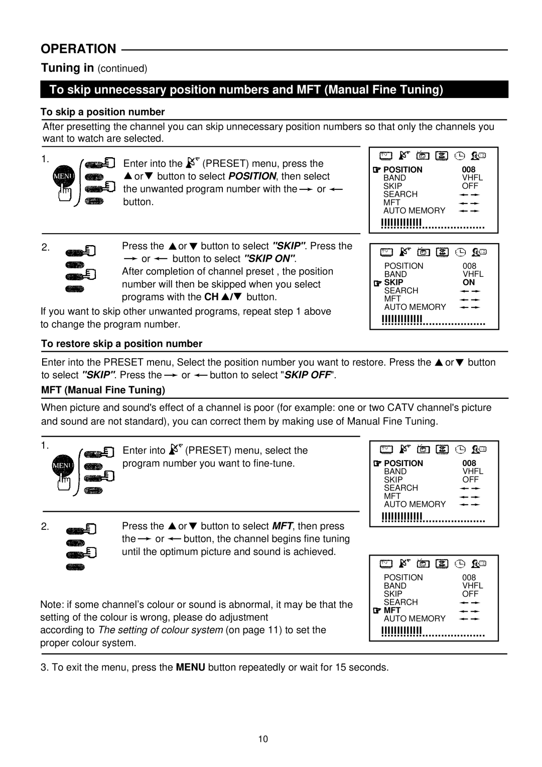 Palsonic 6140G owner manual To skip a position number, To restore skip a position number, MFT Manual Fine Tuning 