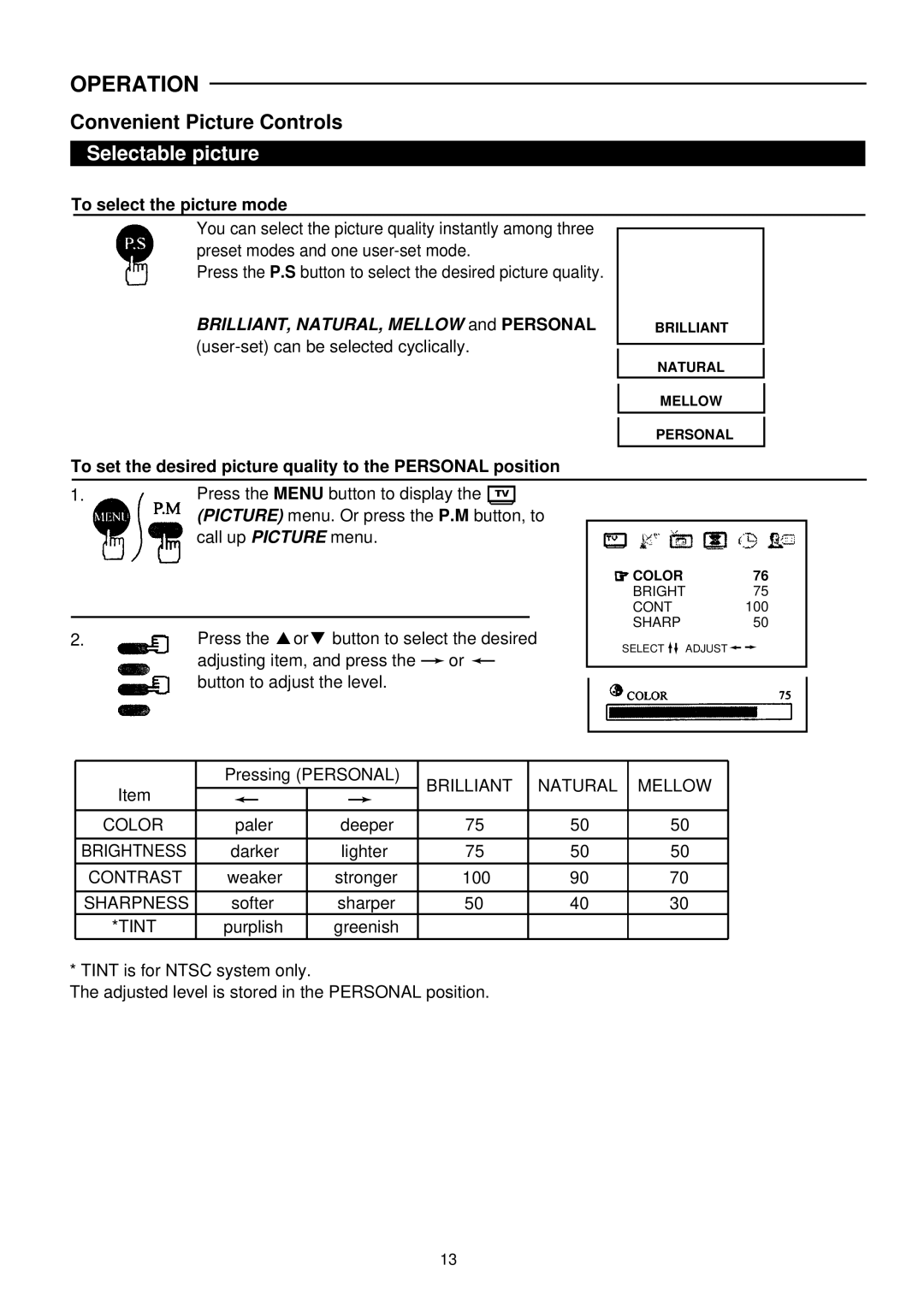 Palsonic 6140G owner manual Convenient Picture Controls, Selectable picture, To select the picture mode 