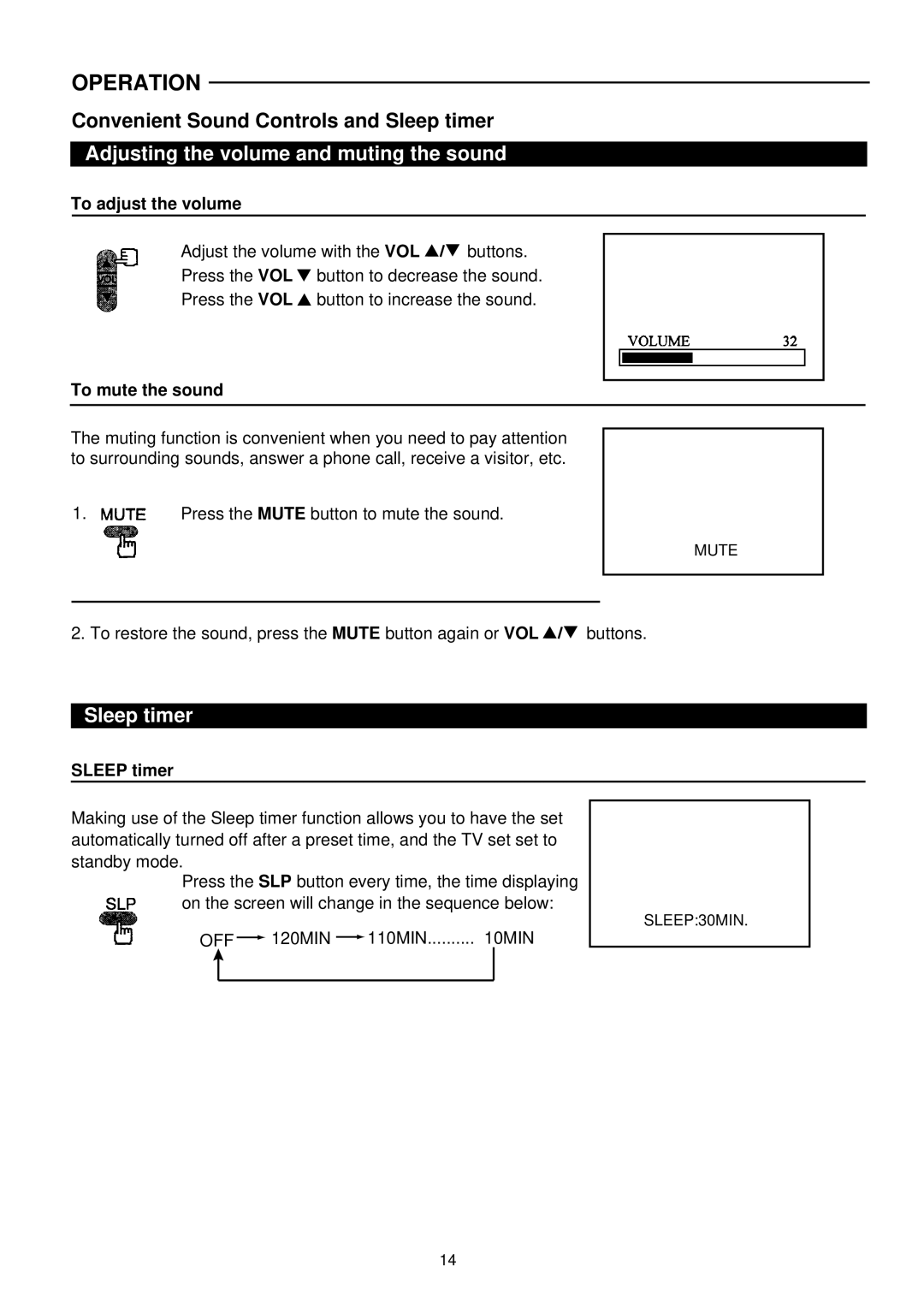 Palsonic 6140G owner manual Convenient Sound Controls and Sleep timer, Adjusting the volume and muting the sound 