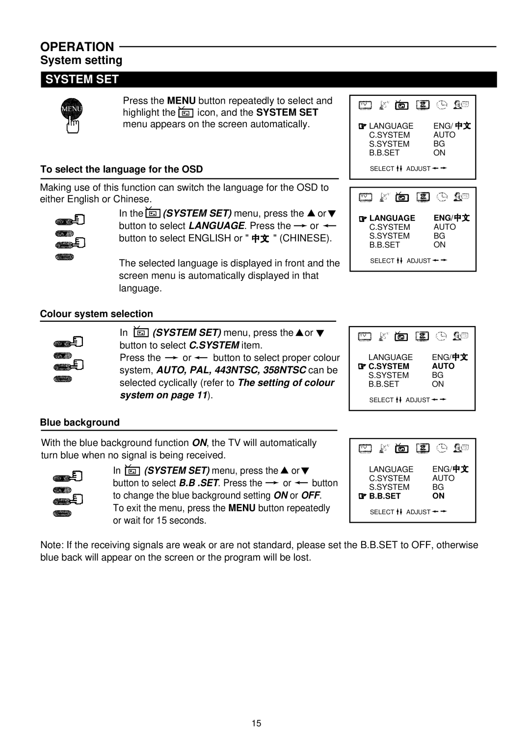 Palsonic 6140G owner manual System setting, To select the language for the OSD, Colour system selection, Blue background 