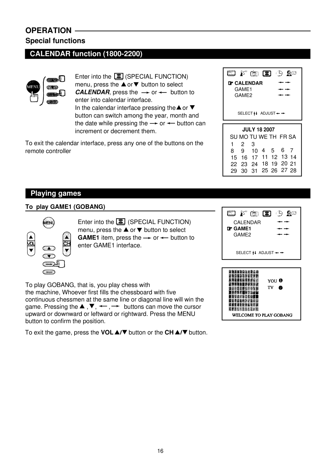 Palsonic 6140G owner manual Special functions, Calendar function, Playing games, To play GAME1 Gobang 