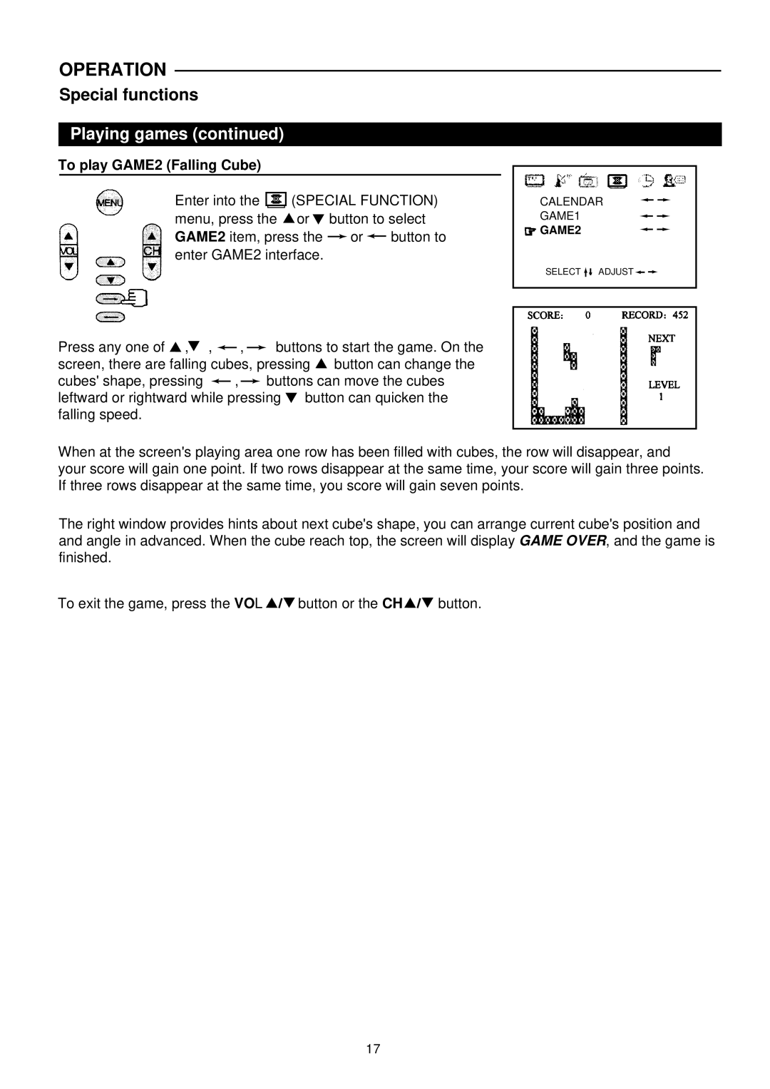 Palsonic 6140G owner manual To play GAME2 Falling Cube 