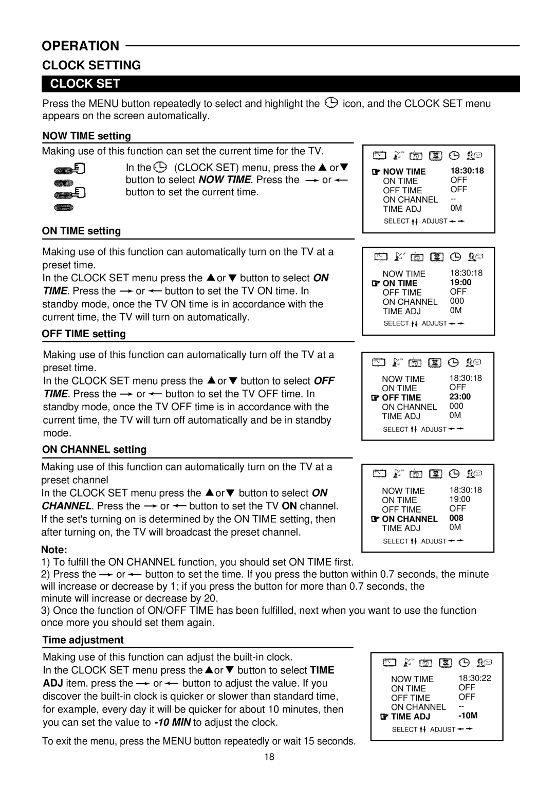 Palsonic 6140G owner manual NOW Time setting, On Time setting, OFF Time setting, On Channel setting, Time adjustment 