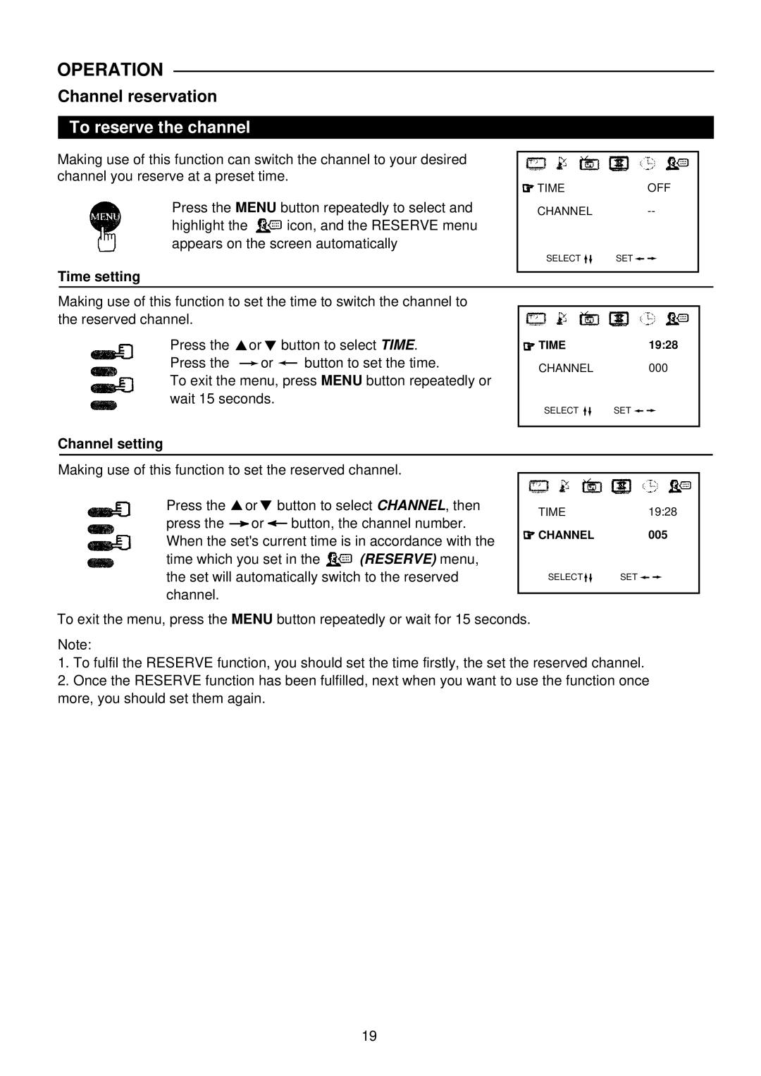 Palsonic 6140G owner manual Channel reservation, To reserve the channel, Time setting, Channel setting 