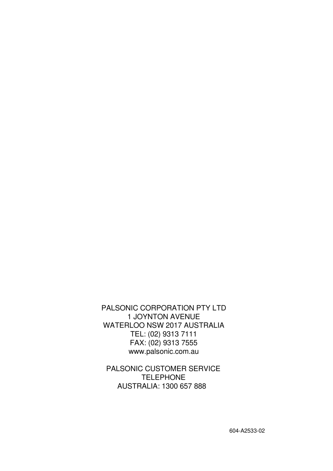 Palsonic 6140G owner manual 604-A2533-02 