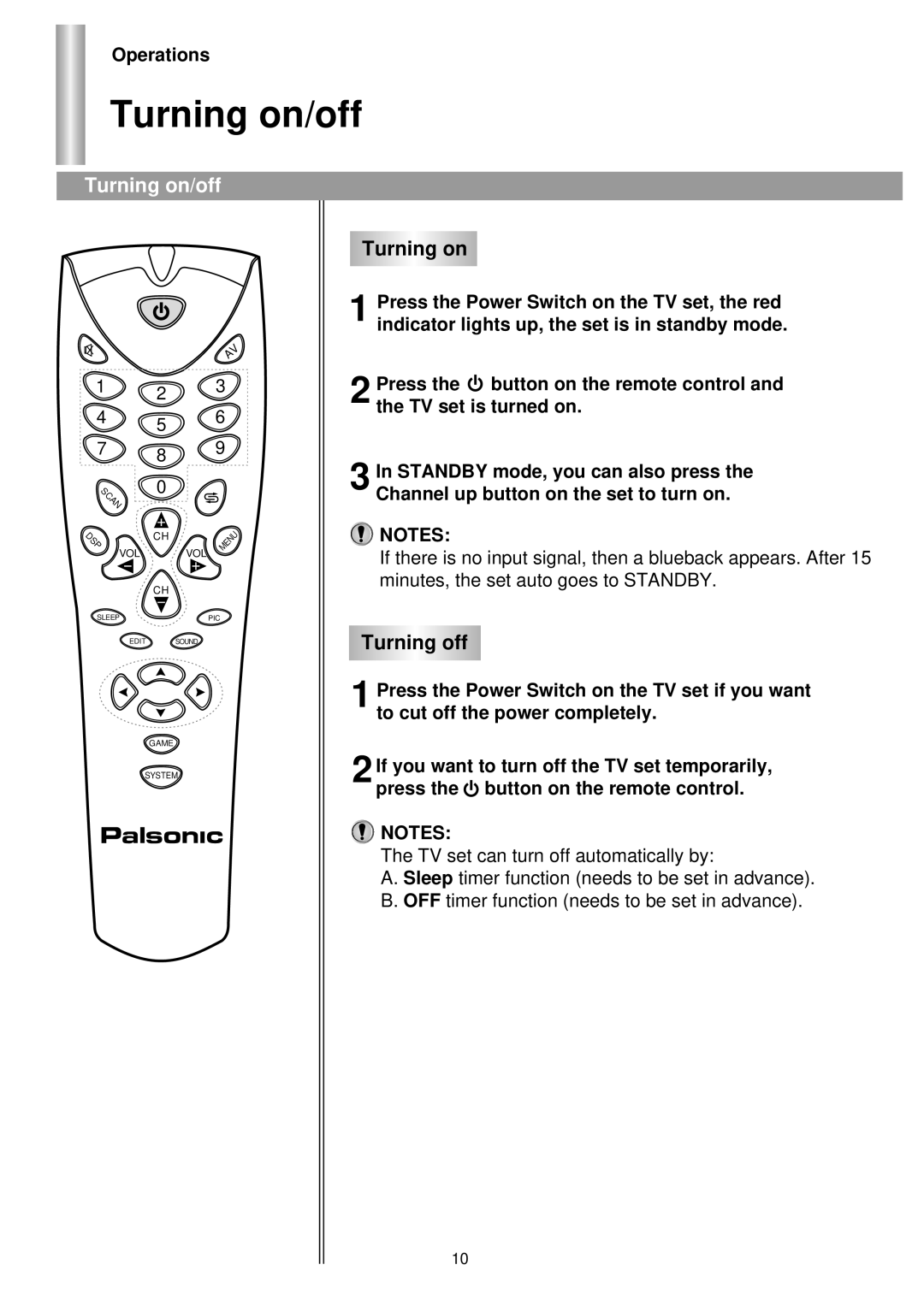 Palsonic 6140GY owner manual Turning on/off, Turning off, Operations 